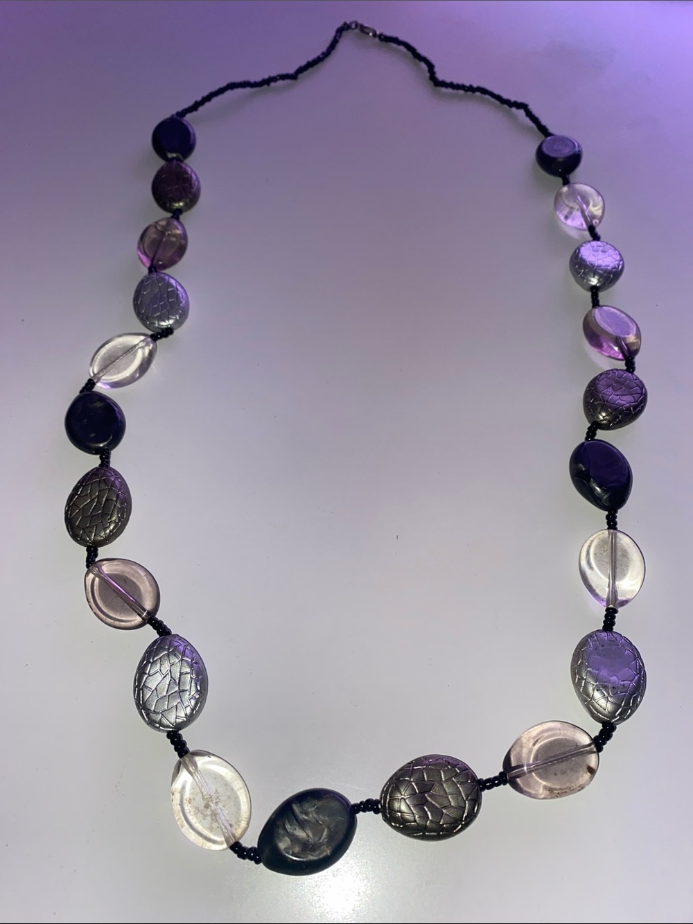 Large Dragon Eggs Style Purple Clear Silver Bead Long Necklace